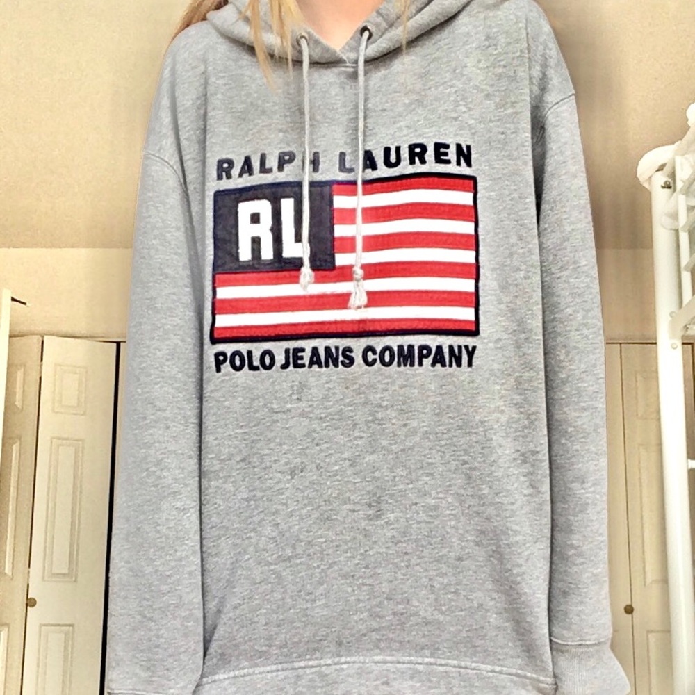 Ralph Lauren Grey Drawstring Hoodie American Flag